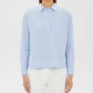 Theory Womens Solid Light Blue Wide Placket Popover Shirt Blouse Cotton Small S